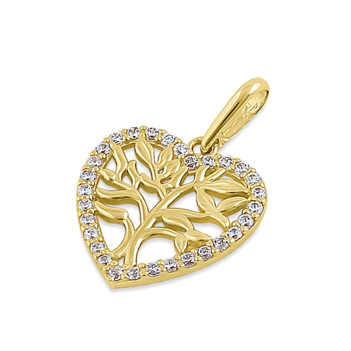JB:OPZ094 Solid 14K Yellow Gold Heart Tree of Life CZ Pendant