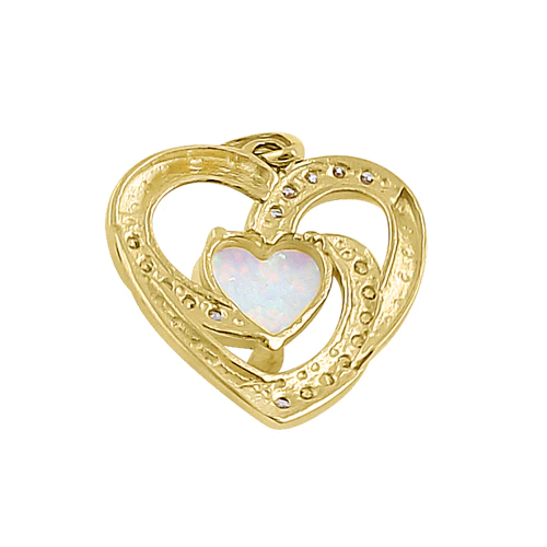 JB:OPZ097 Solid 14K Yellow Gold Heart White Lab Opal CZ Pendant
