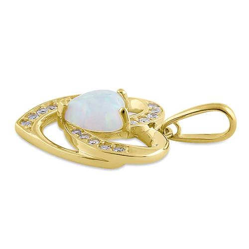 JB:OPZ097 Solid 14K Yellow Gold Heart White Lab Opal CZ Pendant