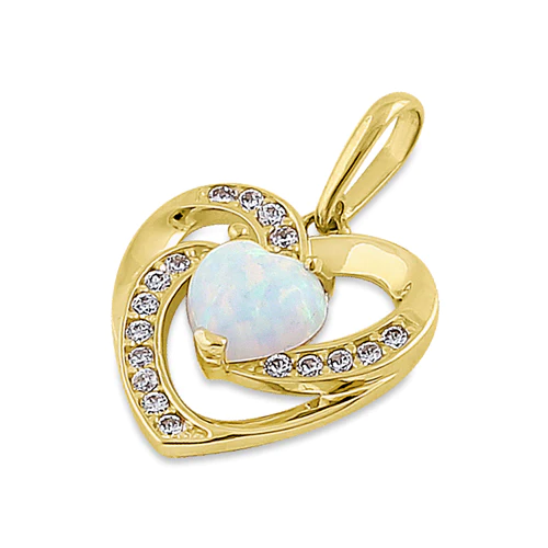 JB:OPZ097 Solid 14K Yellow Gold Heart White Lab Opal CZ Pendant