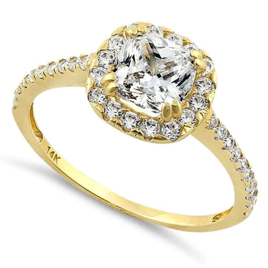 JB:ORZ005 Solid 14K Yellow Gold Cushion Halo Engagement Clear CZ Ring