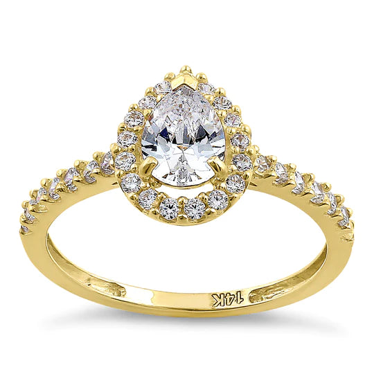 JB:ORZ130 Solid 14K Yellow Gold Pear Cut Halo CZ Engagement Ring