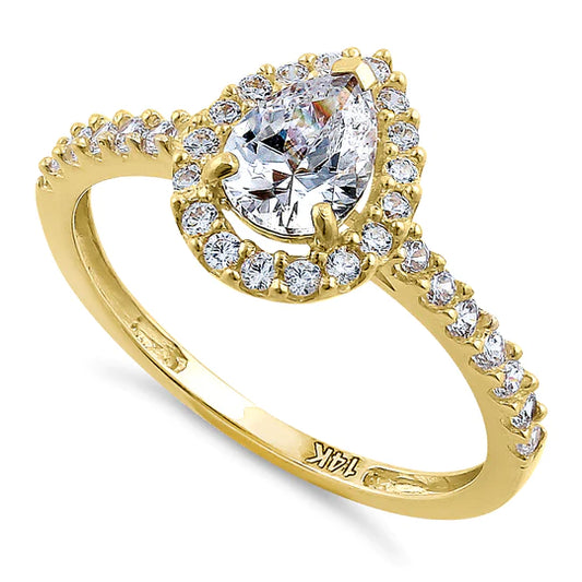 JB:ORZ130 Solid 14K Yellow Gold Pear Cut Halo CZ Engagement Ring