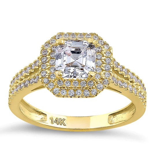 JB:ORZ155 Solid 14K Yellow Gold Asscher Cut Double Halo CZ Engagement Ring