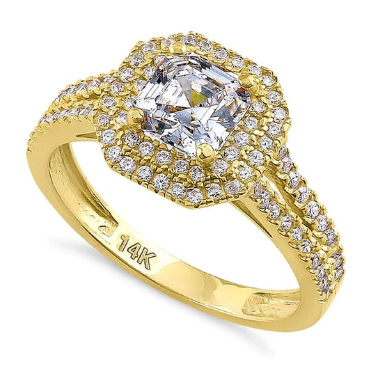 JB:ORZ155 Solid 14K Yellow Gold Asscher Cut Double Halo CZ Engagement Ring
