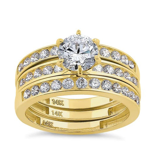 JB:ORZ160 Solid 14K Yellow Gold Round Cut Triple CZ Ring Engagement Set