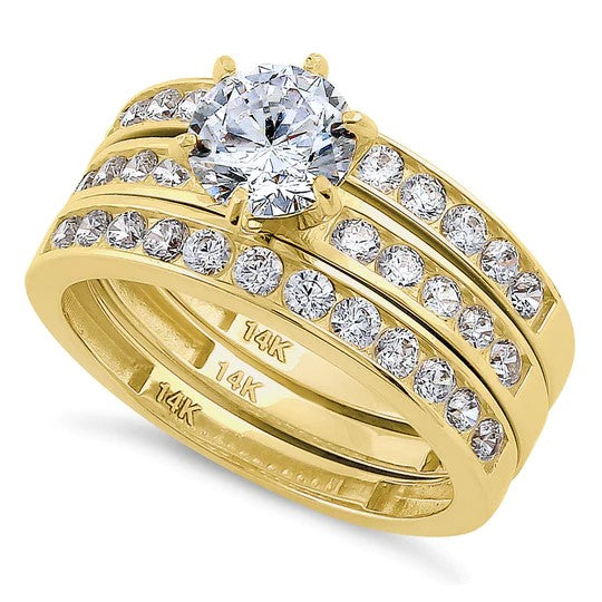 JB:ORZ160 Solid 14K Yellow Gold Round Cut Triple CZ Ring Engagement Set