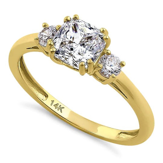 JB:ORZ179 Solid 14K Yellow Gold Cushion Cut Triple CZ Engagement Ring