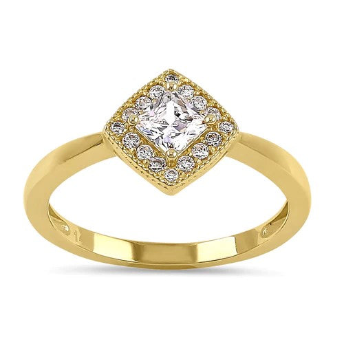 JB:ORZ216 Solid 14K Yellow Gold Princess Diamond Halo CZ Ring