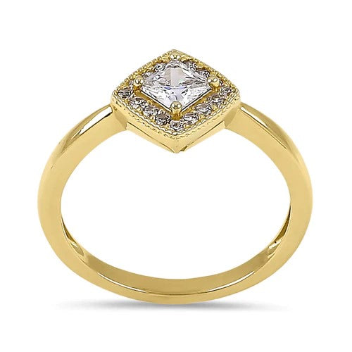 JB:ORZ216 Solid 14K Yellow Gold Princess Diamond Halo CZ Ring