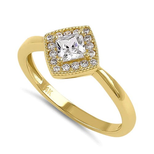 JB:ORZ216 Solid 14K Yellow Gold Princess Diamond Halo CZ Ring