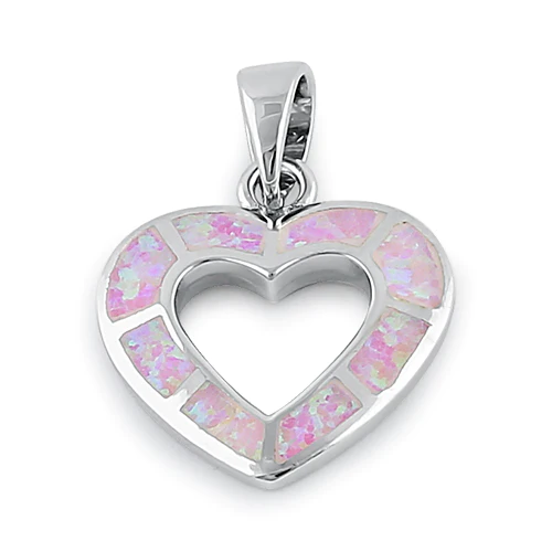 JB:SPZ366 Sterling Silver Pink Lab Opal Hollow Heart Pendant