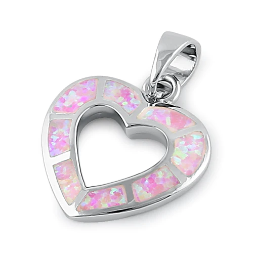 JB:SPZ366 Sterling Silver Pink Lab Opal Hollow Heart Pendant