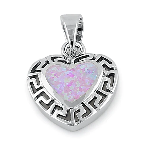 JB:SPZ367 Sterling Silver Heart Greek Pattern Pink Lab Opal Pendant