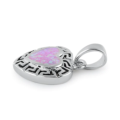 JB:SPZ367 Sterling Silver Heart Greek Pattern Pink Lab Opal Pendant