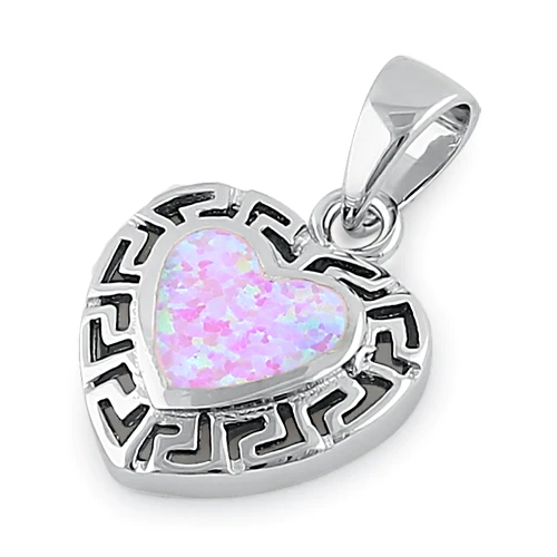 JB:SPZ367 Sterling Silver Heart Greek Pattern Pink Lab Opal Pendant
