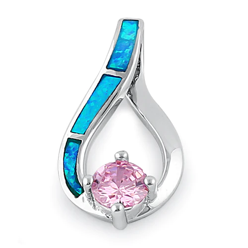 JB:SPZ368 Sterling Silver Twist Blue Lab Opal & Pink Round Cut CZ Pendant