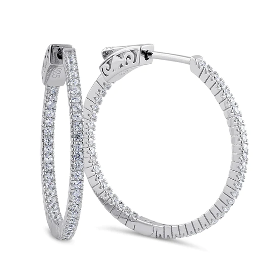 JB:P739 Sterling Silver 24.0mm x 1.5mm Clear CZ Hoop Earrings