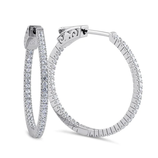 JB:P739 Sterling Silver 24.0mm x 1.5mm Clear CZ Hoop Earrings