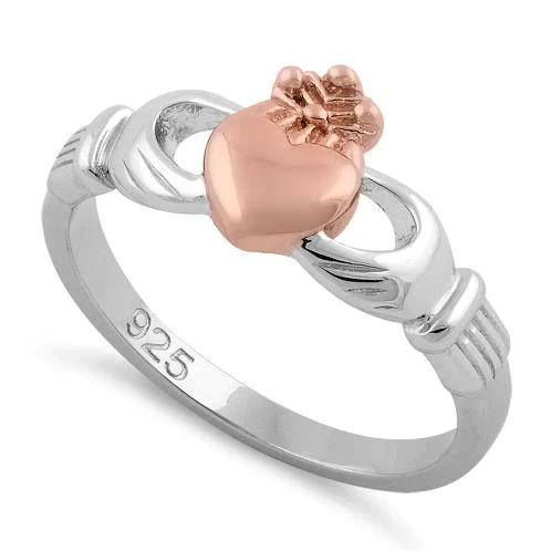 JB:SRP1291 Sterling Silver Two Tone Rose Gold Plated Claddagh Ring