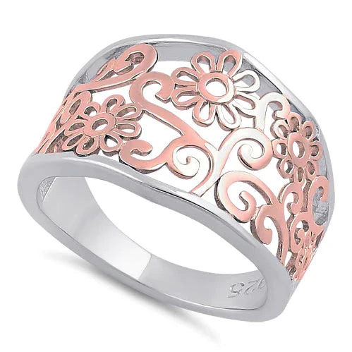 JB:SRP1299 Sterling Silver Two Tone Rose Gold Plated Plumeria Flower Ring