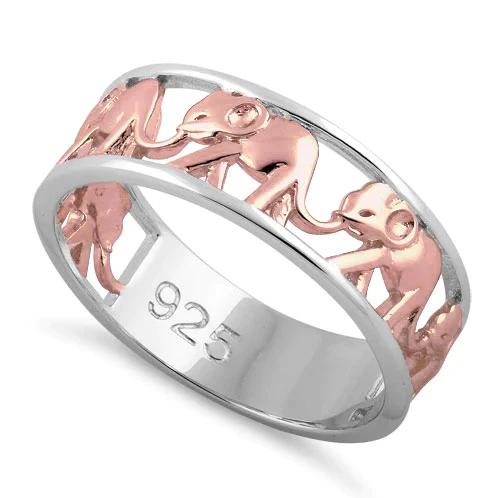 JB:SRP1300 Sterling Silver Two Tone Rose Gold Plated Multiple Elephants Ring