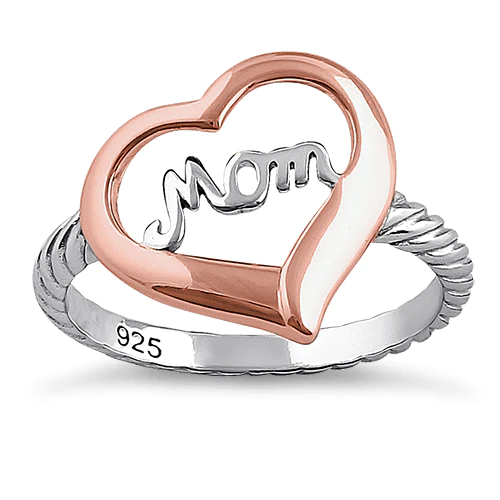 JB:SRP1307 Sterling Silver Two Tone Rose Gold Plated Mom Heart Ring