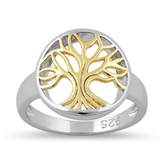 JB:SRZ1397 Sterling Silver Two Tone Gold Plated Tree of Life Ring