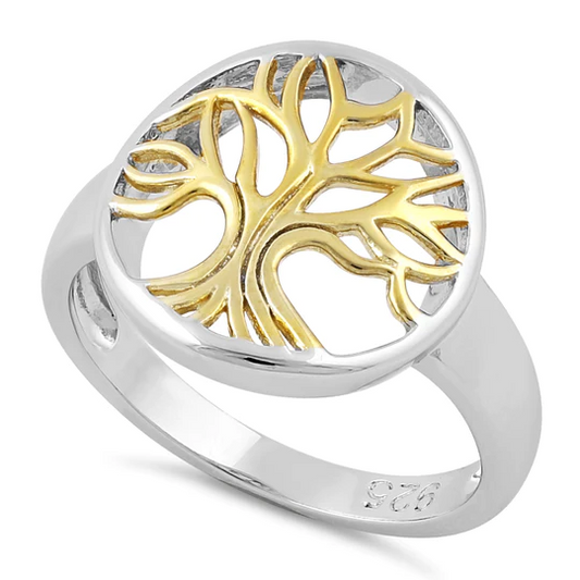 JB:SRZ1397 Sterling Silver Two Tone Gold Plated Tree of Life Ring