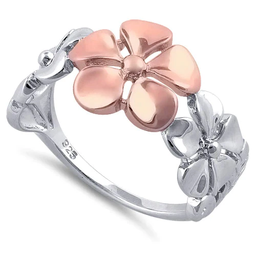 JB:SRP1377 Sterling Silver Two Tone Rose Gold Plated Triple Plumeria Ring