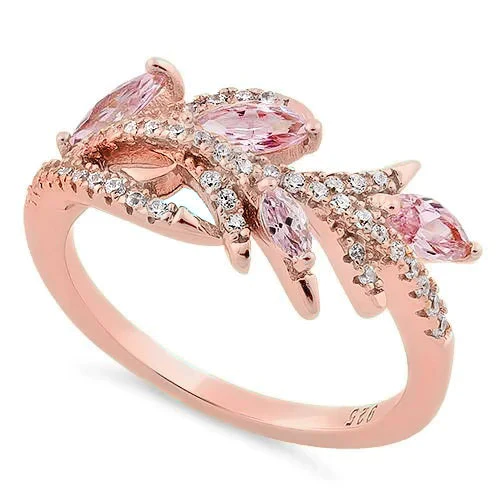 JB:SRZ6087 Sterling Silver Rose Gold Plated Vine Leaves Pink CZ Ring