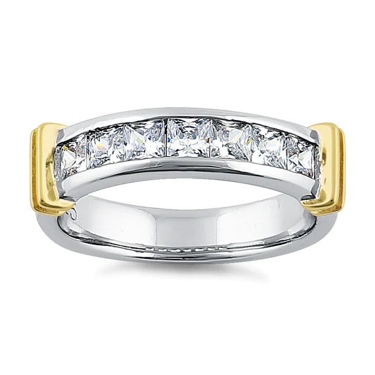 JB:SRZ6167 Sterling Silver Men's Two Tone Yellow Gold Wedding Band CZ Ring