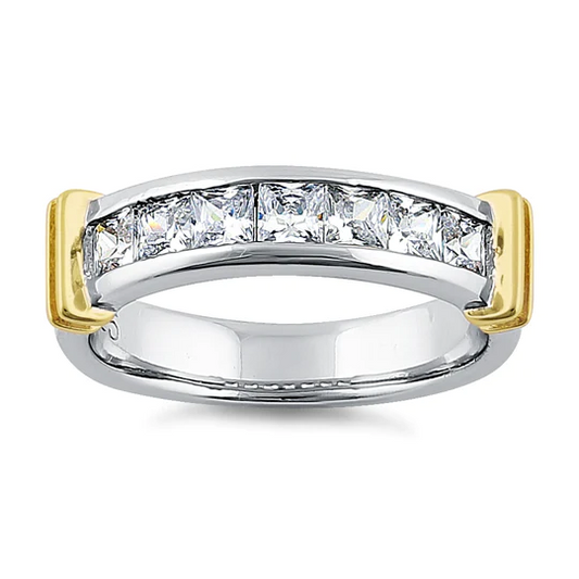 JB:SRZ6167 Sterling Silver Men's Two Tone Yellow Gold Wedding Band CZ Ring