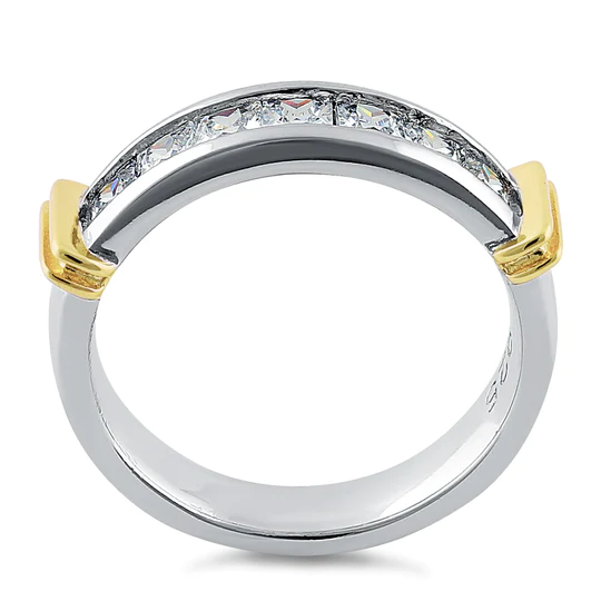 JB:SRZ6167 Sterling Silver Men's Two Tone Yellow Gold Wedding Band CZ Ring