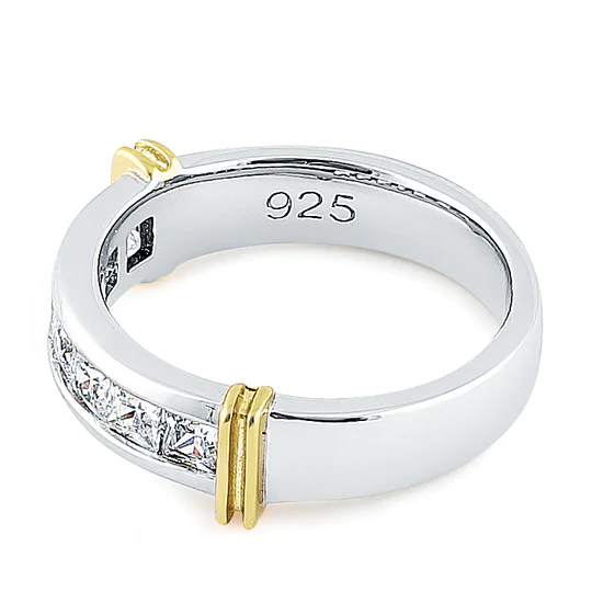 JB:SRZ6167 Sterling Silver Men's Two Tone Yellow Gold Wedding Band CZ Ring