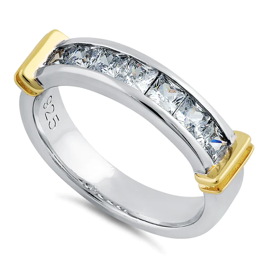 JB:SRZ6167 Sterling Silver Men's Two Tone Yellow Gold Wedding Band CZ Ring