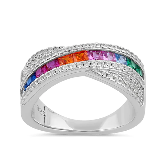 JB:SRZ6261 Sterling Silver Rainbow CZ Twist Ring