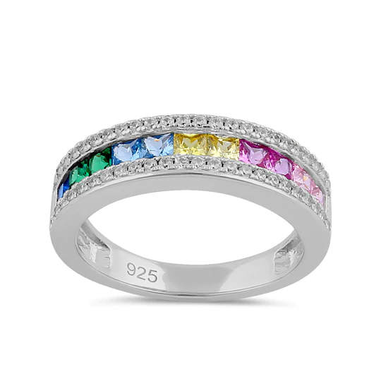 JB:SRZ6277 Sterling Silver Rainbow CZ Band Ring