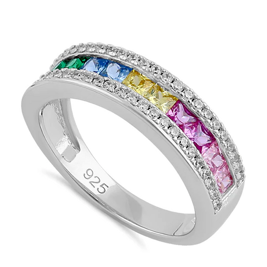 JB:SRZ6277 Sterling Silver Rainbow CZ Band Ring