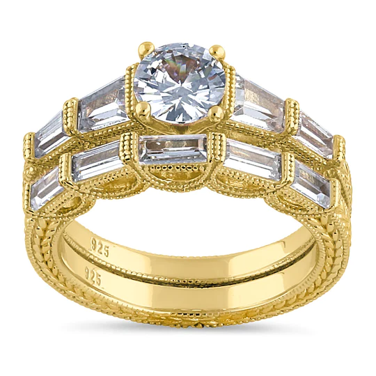 JB:SRZ6426 Sterling Silver Yellow Gold Plated Vintage Round & Baguette Cut Clear CZ Engagement Ring Set