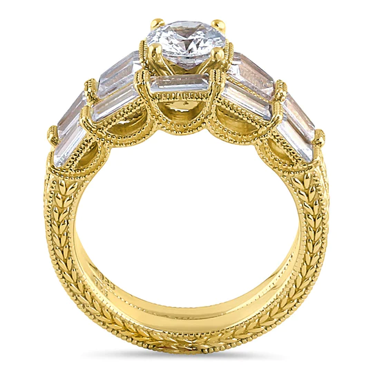JB:SRZ6426 Sterling Silver Yellow Gold Plated Vintage Round & Baguette Cut Clear CZ Engagement Ring Set