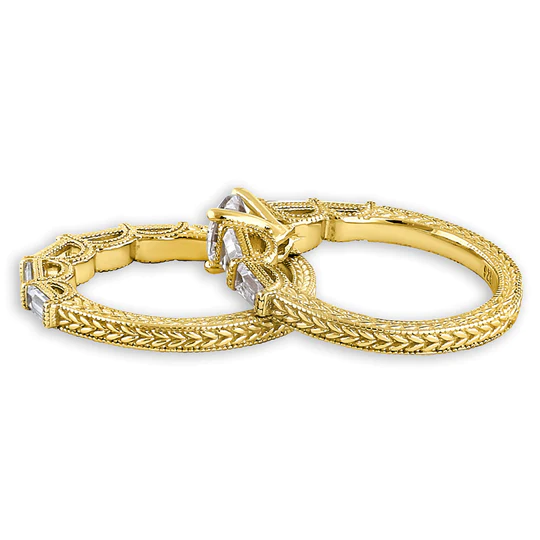 JB:SRZ6426 Sterling Silver Yellow Gold Plated Vintage Round & Baguette Cut Clear CZ Engagement Ring Set