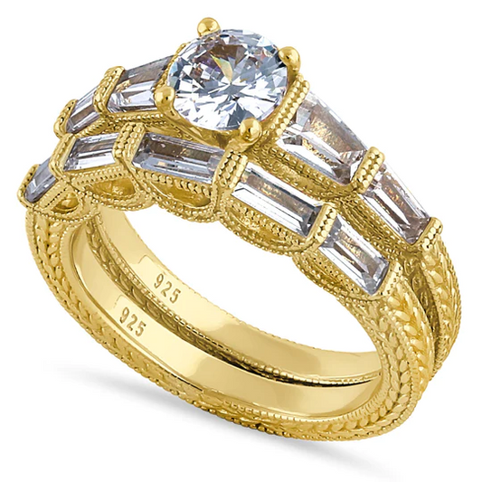 JB:SRZ6426 Sterling Silver Yellow Gold Plated Vintage Round & Baguette Cut Clear CZ Engagement Ring Set