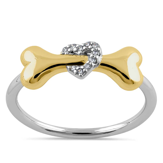 JB:SRZ6476 Sterling Silver Gold Plated Dog Bone & Heart Round Cut Clear CZ Ring