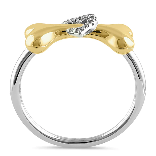 JB:SRZ6476 Sterling Silver Gold Plated Dog Bone & Heart Round Cut Clear CZ Ring