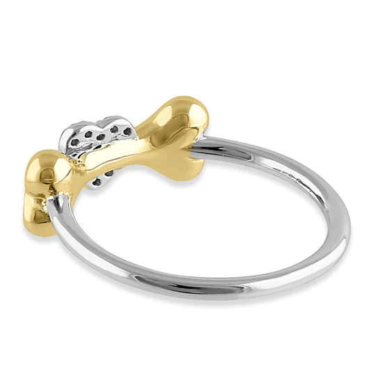 JB:SRZ6476 Sterling Silver Gold Plated Dog Bone & Heart Round Cut Clear CZ Ring