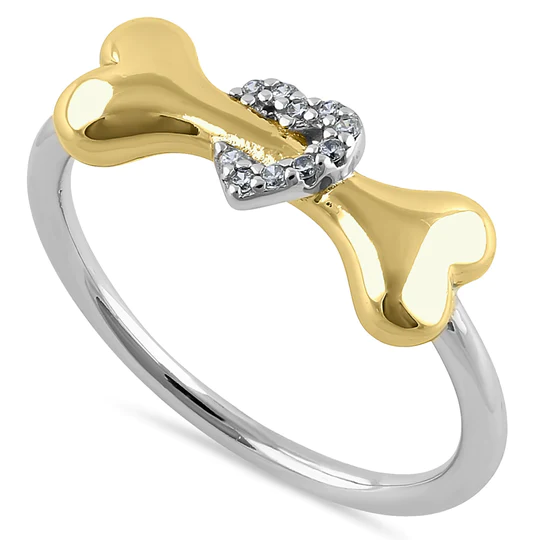 JB:SRZ6476 Sterling Silver Gold Plated Dog Bone & Heart Round Cut Clear CZ Ring