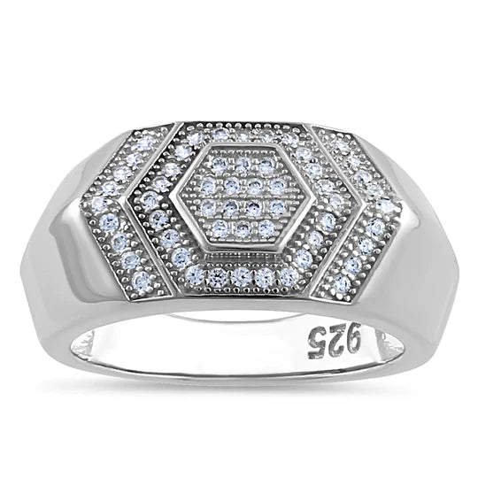JB:SRZ6521 Sterling Silver Clear CZ Layered Hexagon Band Ring