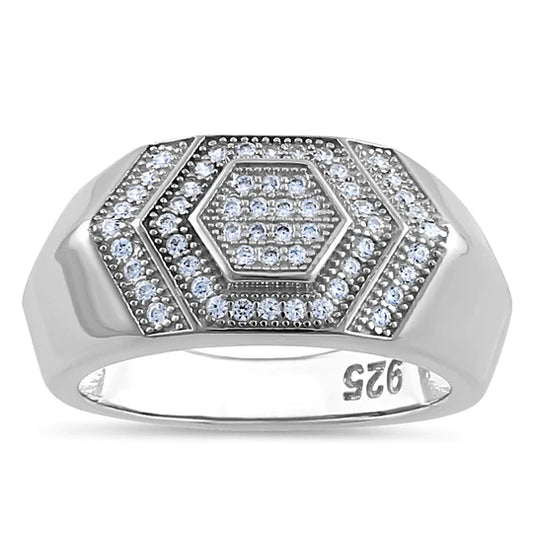 JB:SRZ6521 Sterling Silver Clear CZ Layered Hexagon Band Ring