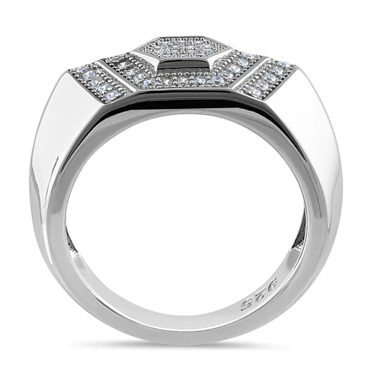 JB:SRZ6521 Sterling Silver Clear CZ Layered Hexagon Band Ring